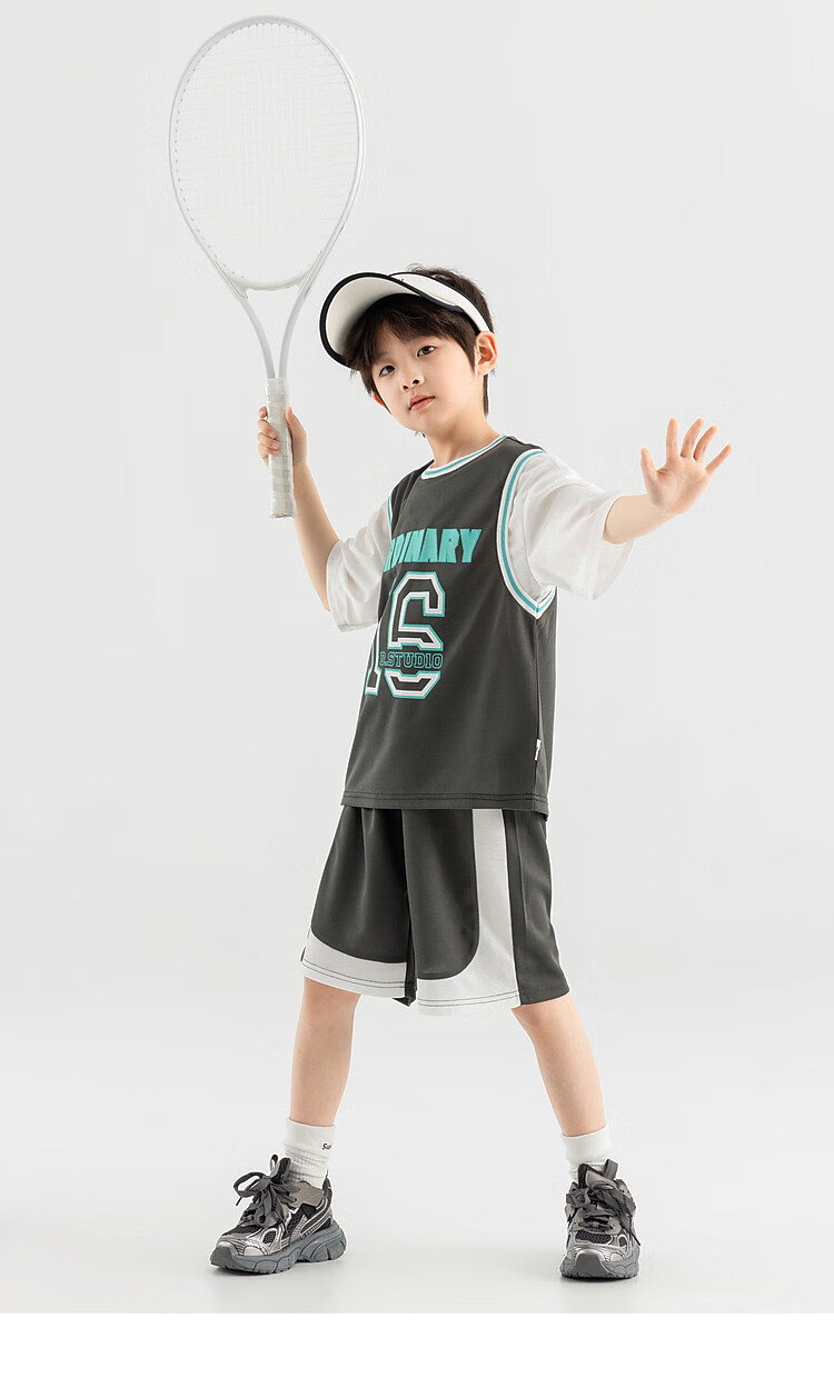 Duoduojia Boys' Sports Mesh Set, Summer Children's Fake Two-Piece Short-Sleeve Pants, Fashionable And Cool Basketball Outfit for Older Kids 28