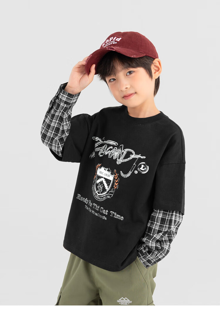 Duoduojia Boys' Sweatshirt, Spring And Autumn Style, Patchwork Long Sleeve, Plaid Retro Print, Children's Faux Two-Piece, Korean-Style Academic Style Top 5
