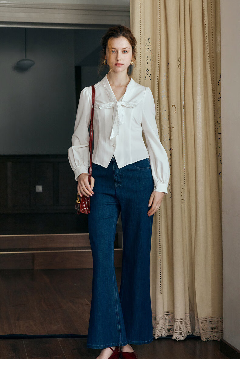 Oulain French Sweet Short Blouse for Women, Autumn New Style with Lace Trim And Ribbon, Casual Top, White, Size S 11