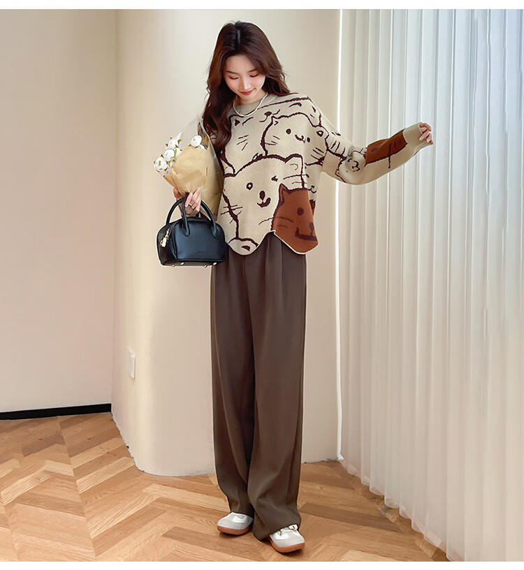 TonLion 2025 Autumn Crew Neck Irregular Hem Cartoon Pattern Pullover Sweater Cute Youthful College Style Korean Version 9