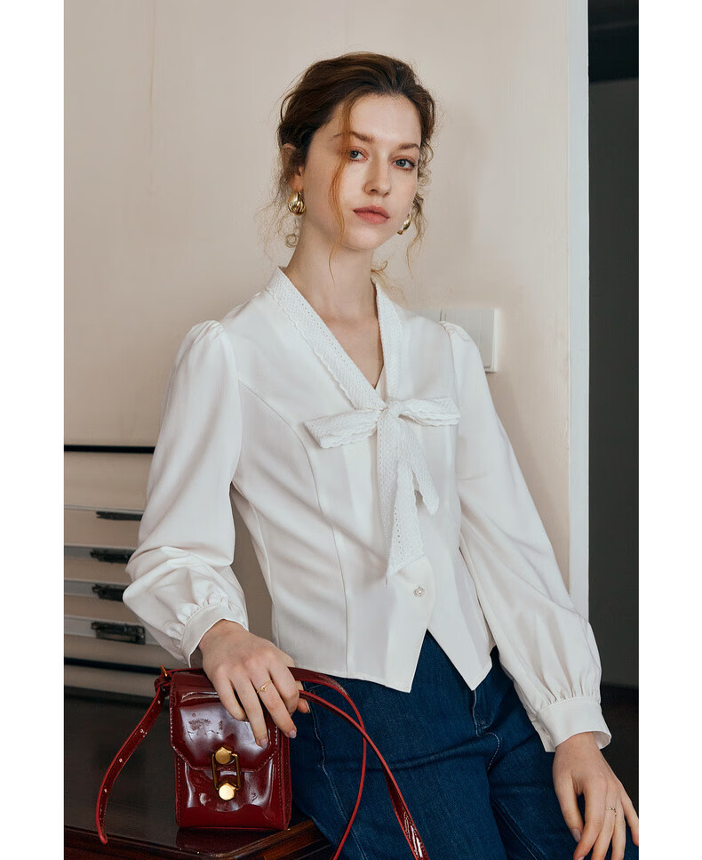 Oulain French Sweet Short Blouse for Women, Autumn New Style with Lace Trim And Ribbon, Casual Top, White, Size S 9