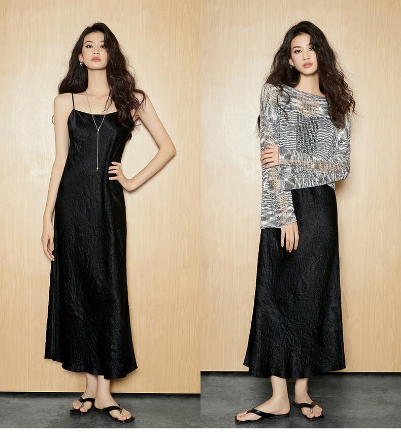 MEIYANG Hepburn Prequel Acetate Spaghetti Strap Dress, Light Luxury Satin Thin Strap Commuter Dress, Black Extended Version, Size S 30