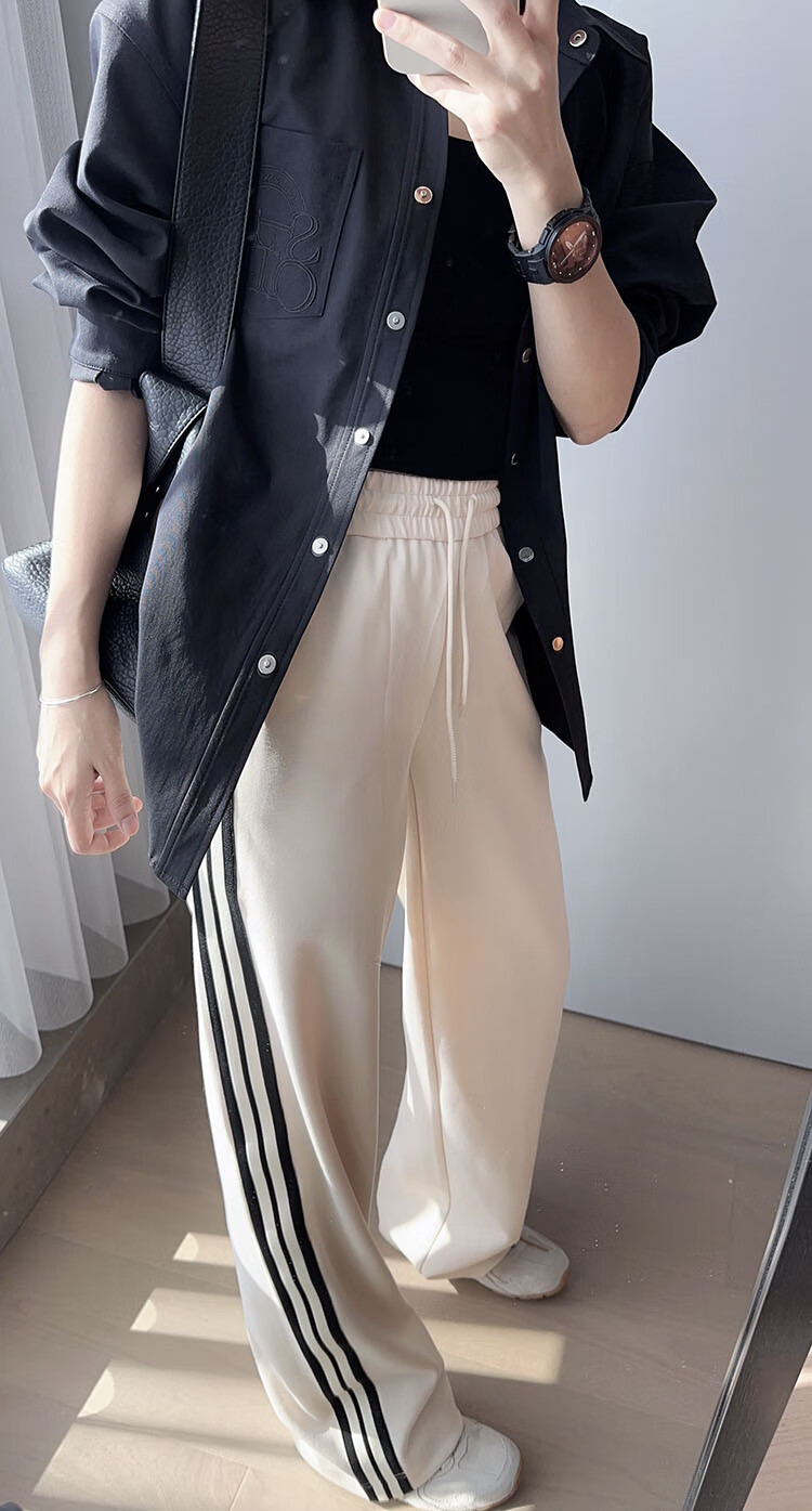 MEIYANG Raw Cheese Casual Pants, Exceptional Skin Feel Air Striped Straight-Leg, Beige Extended Version, S 8