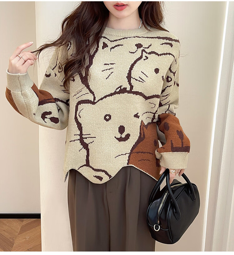 TonLion 2025 Autumn Crew Neck Irregular Hem Cartoon Pattern Pullover Sweater Cute Youthful College Style Korean Version 7