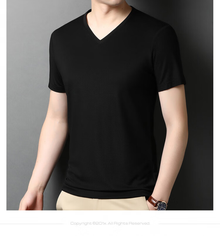 Romons Mulberry Silk Short Sleeve T-Shirt Men Summer V-Neck Solid Color Loose Fit Pure Silk Top Black M 7
