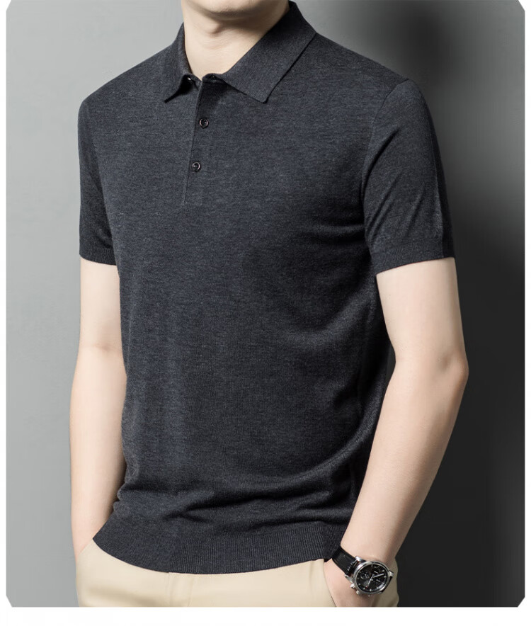 Hengyuanxiang [Contains Wool] Men's Lapel Short-Sleeve Sweater, Middle-Aged Knitted Half-Sleeve Undershirt T-Shirt, Wine Red, L 9