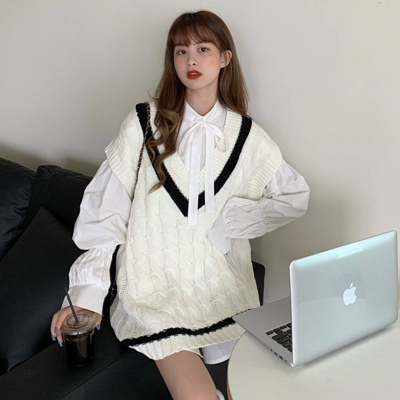 濮院毛衣 春秋韩版慵懒学院风中长款v领马甲女外穿无袖针织衫上衣外穿