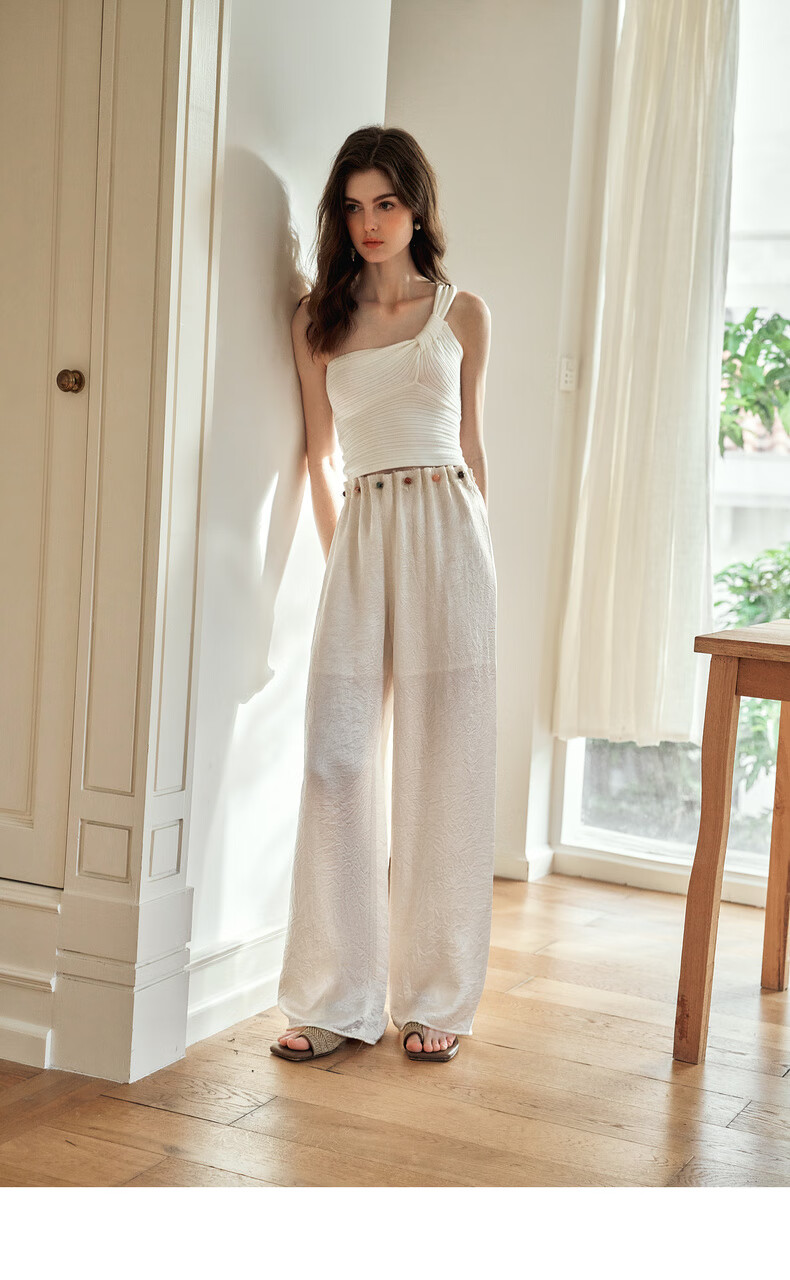Olrain Eurier Beaded Lazy Vacation Straight-Leg Pants Women's Summer Loose Slim High-Waist Trousers Apricot XL 18