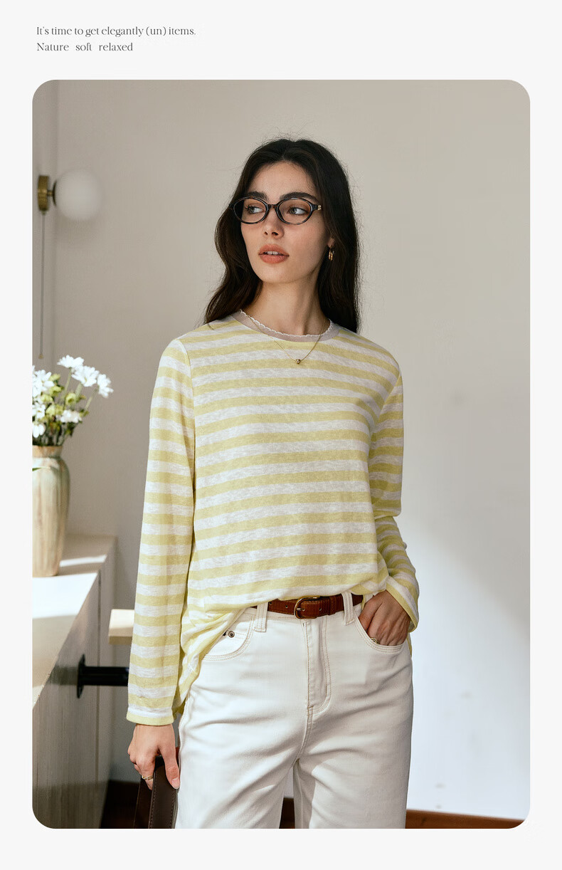 Oulain Round Neck Top Women's Clothing, Autumn New Style, Yellow Striped Pullover Long-Sleeve T-Shirt, Light Yellow, S 4