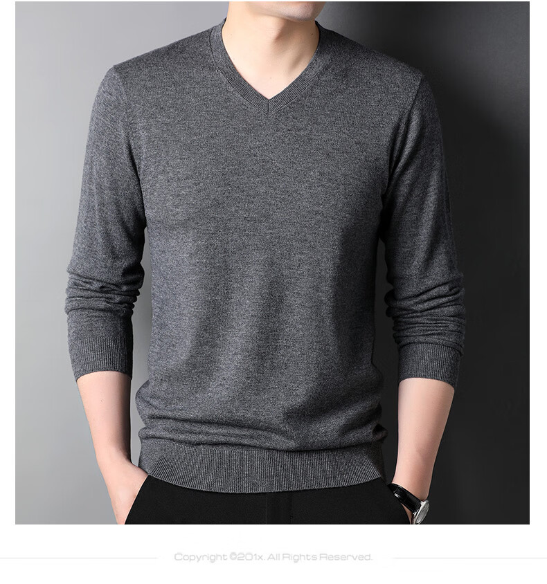 ROMON 100% Pure Wool Men's Classic Basic Thin V-Neck Sweater Autumn Winter Casual Knitwear Base Layer 8