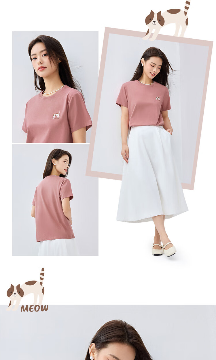 Giordano Women's Short Sleeve T-Shirt, Pure Cotton, Cute Age-Reducing Cat Embroidery, Round Neck Casual Top, 13325327 12