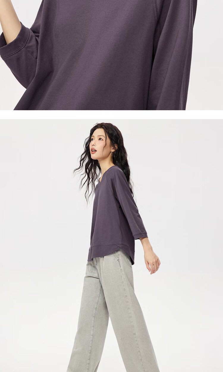 Giordano Women's T-Shirt Autumn New Pure Cotton Solid Color V-Neck Casual Three-Quarter Sleeve Top 05325792 13