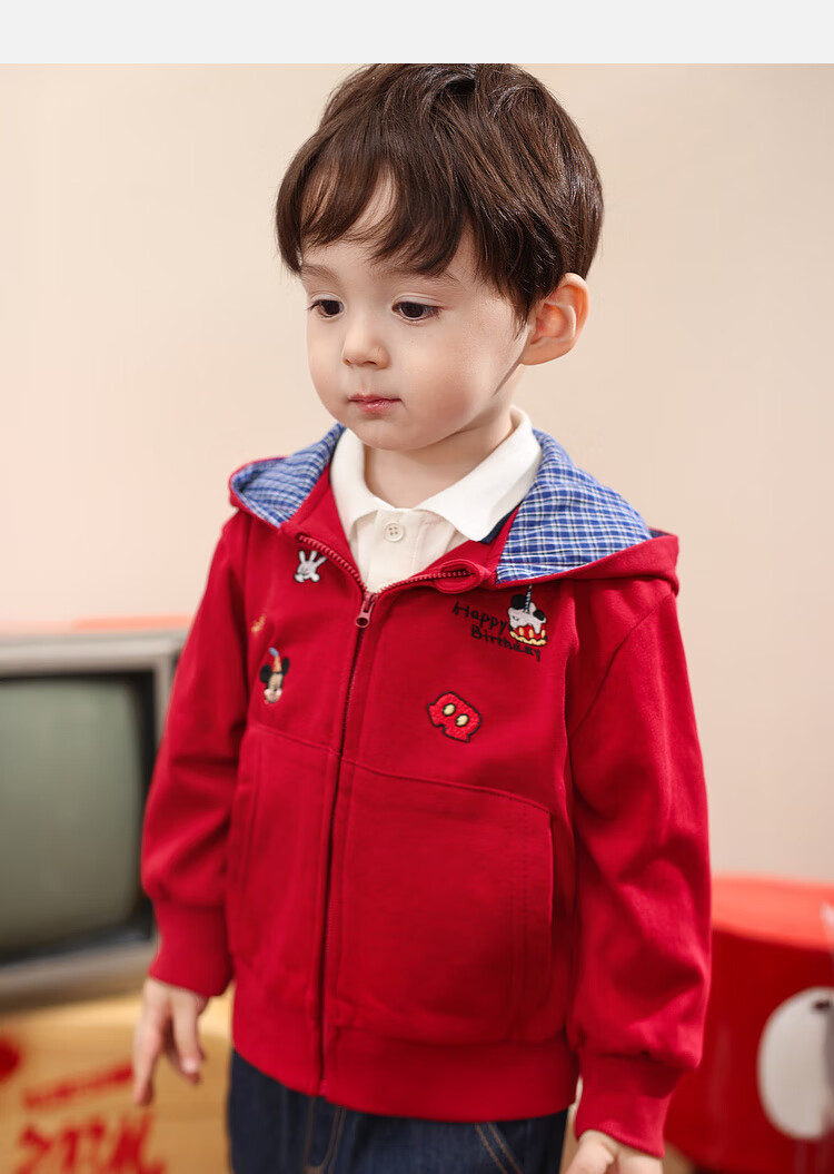 LUSON Little O Dad Boys' Baby Jacket Spring Hooded Red 2025 New Boys' Sweatshirt Baby Cardigan Spring Autumn Wear 9