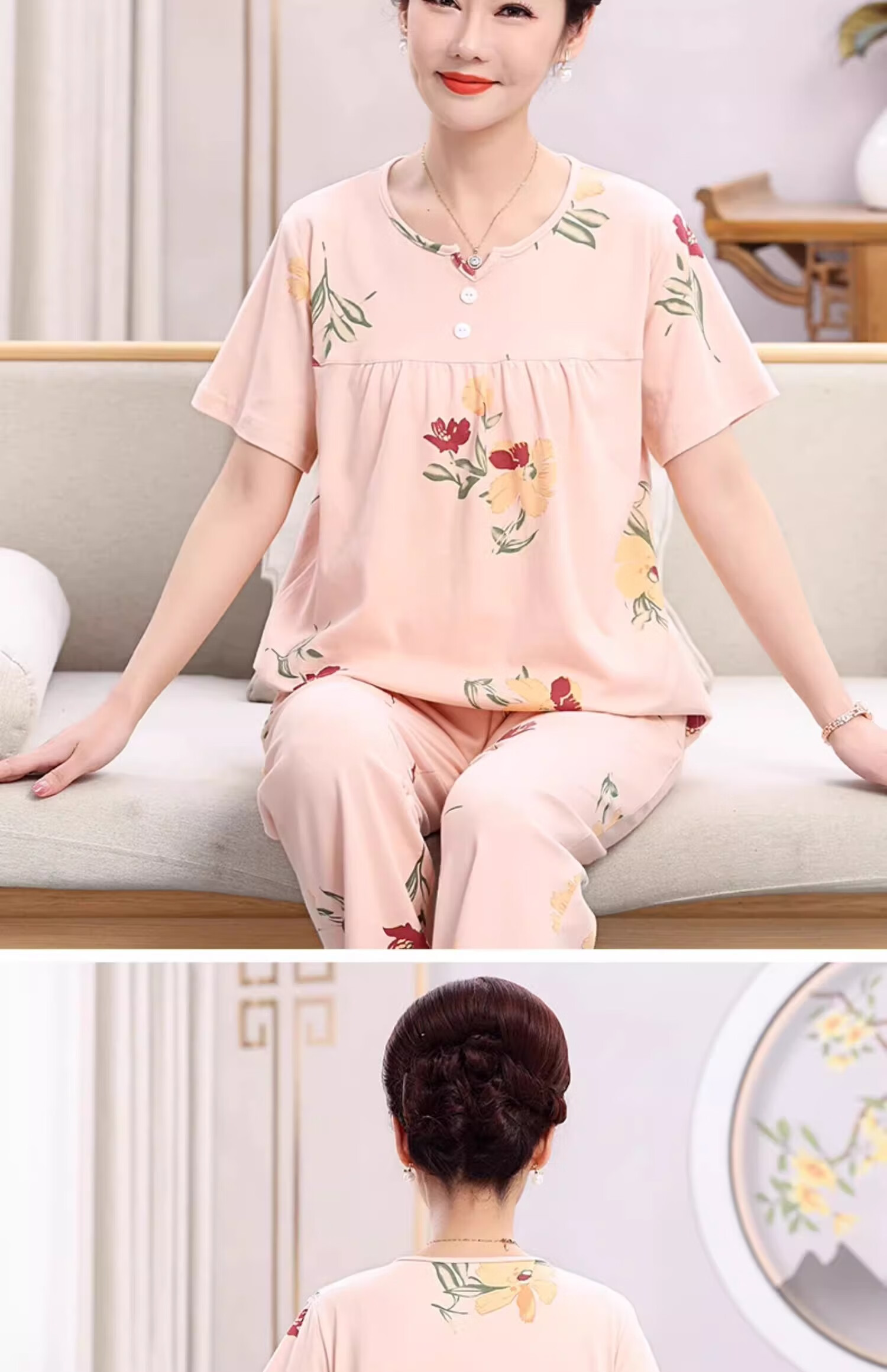 Yuzhaolin Middle-aged and Elderly Women's Spring Summer Cotton Pink Printed Loose Plus Size Casual Homewear Pajama Set 9
