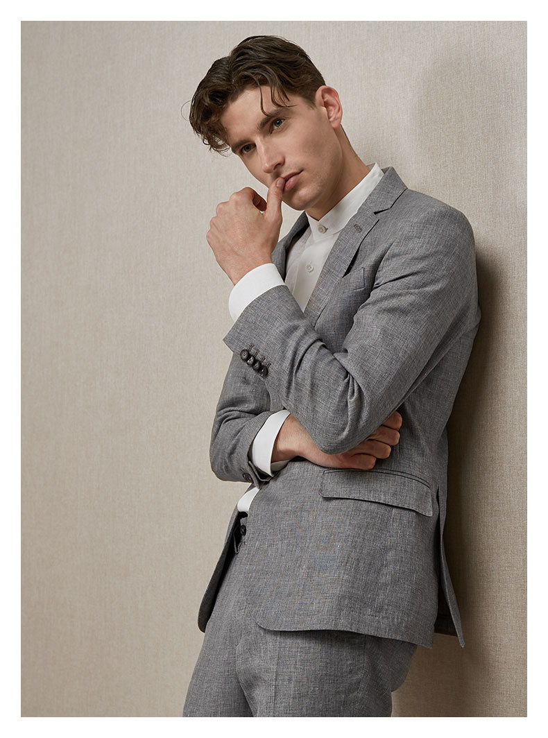 loro piana柏品意大利亚麻桑蚕丝商务正装修身薄款西服套装 灰咖色 48