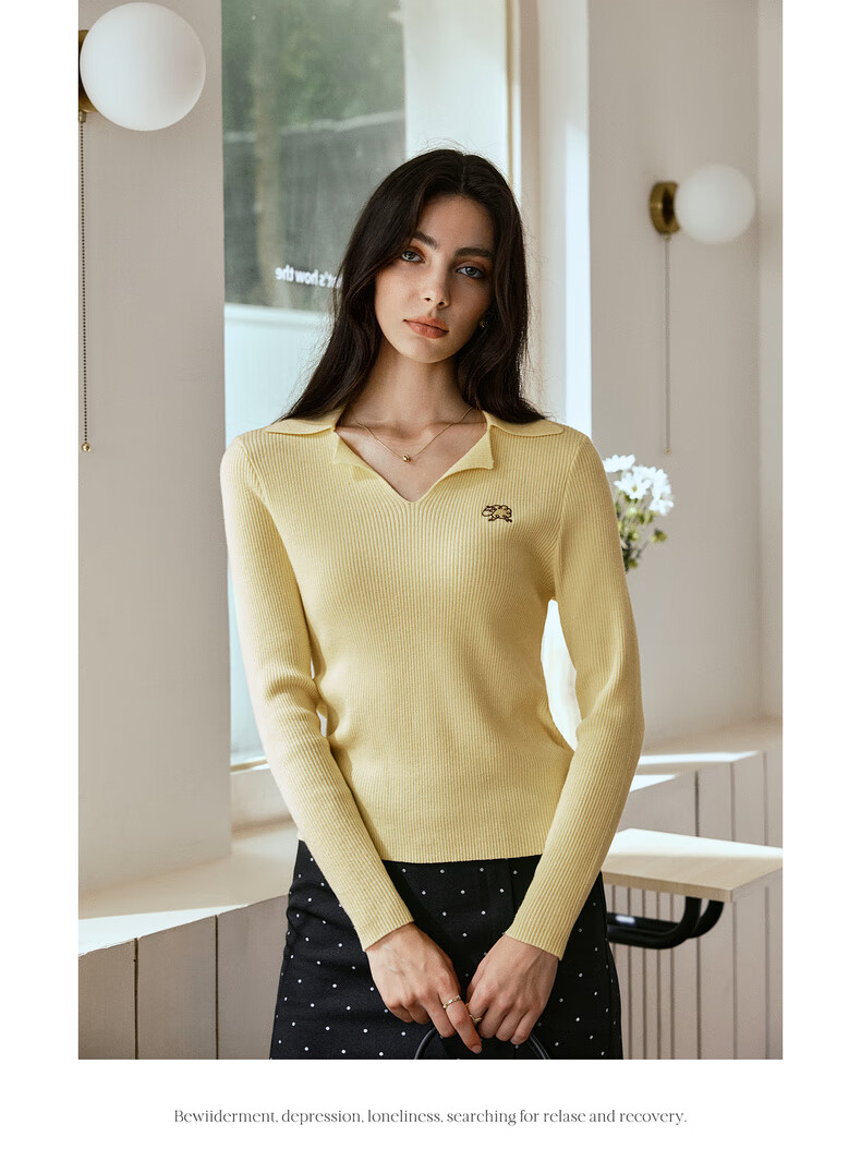 Oulain Commuter Collar Knit Pullover Sweater for Women, Autumn New Style, Versatile Slimming Top, Yellow, XL 11