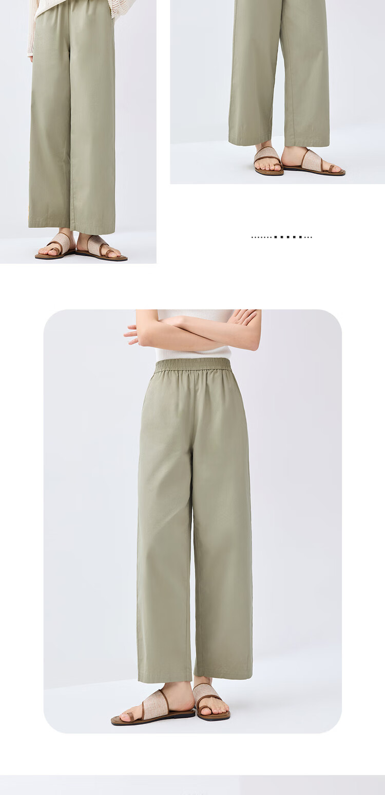 Giordano Women's Pants, Pure Cotton Lightweight Pleated Straight-Leg Trousers, Elastic Waist Casual Capri Pants, Women's 05425065 10