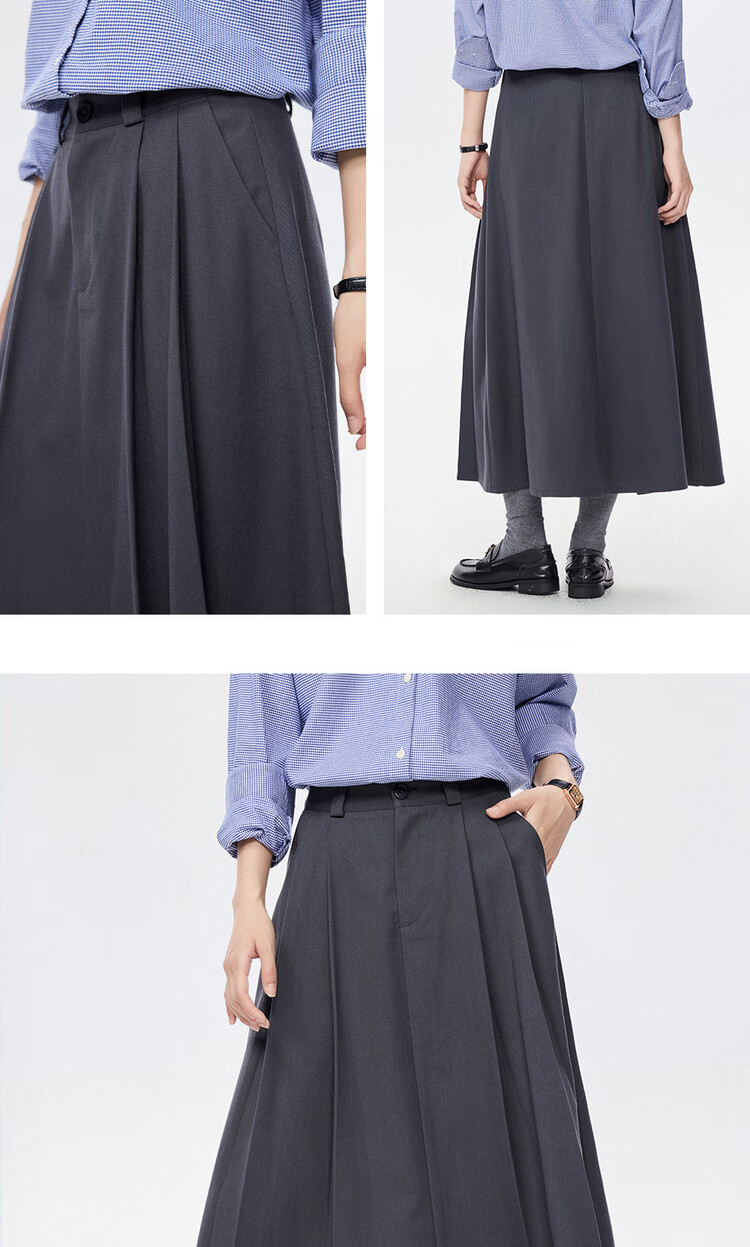 Giordano Grey Pleated Skirt Women's Autumn Winter Draped Brushed A-Line Midi Skirt 05465681 11