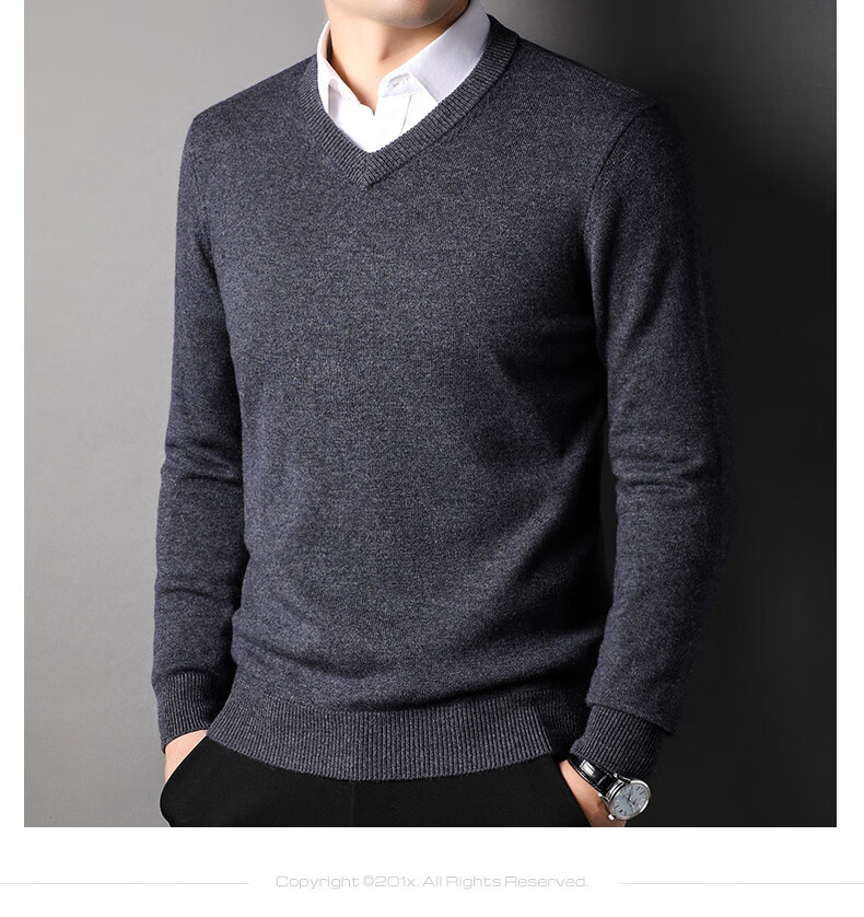 ROMON 100% Pure Wool Men's Thick Heavy 430G Warm V-Neck Casual Knit Sweater for Autumn and Winter 11