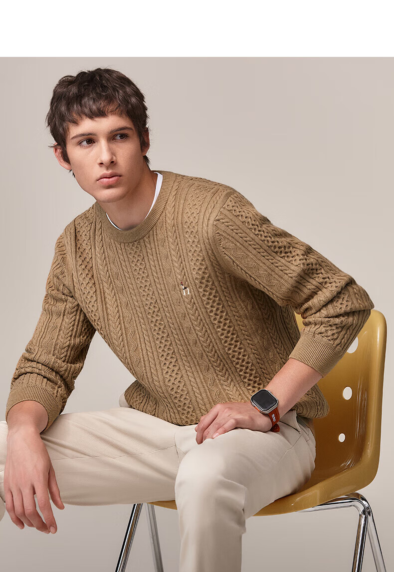 HAZZYS Men's Autumn Winter Casual Cable Knit Crew Neck Cotton/Wool Blend Sweater ABYZD0CCX30 16