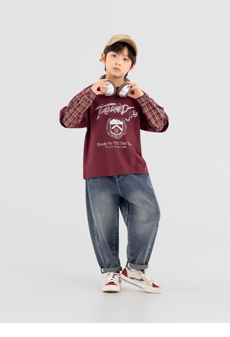Duoduojia Boys' Sweatshirt, Spring And Autumn Style, Patchwork Long Sleeve, Plaid Retro Print, Children's Faux Two-Piece, Korean-Style Academic Style Top 23