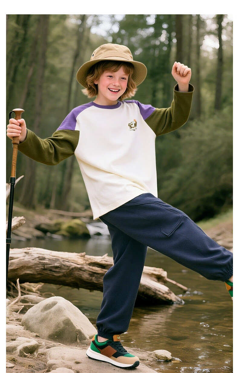 MQD Boys' Spring and Autumn Outdoor Camping Hiking Long Sleeve Colorblock Cartoon Skin-friendly T-Shirt Off-White 150 11