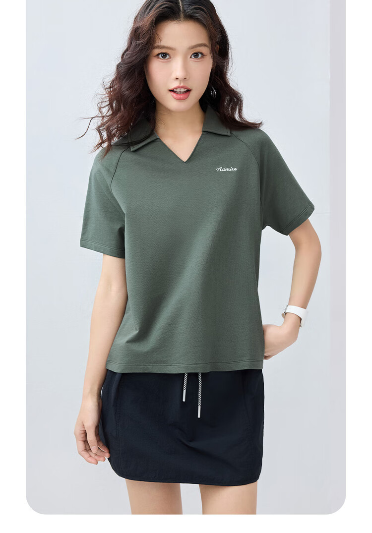 Giordano Women's Short-Sleeve Polo Shirt, Summer Pure Cotton, Letter Embroidery, V-Neck Drop Shoulder Collar Top, 13315205 18