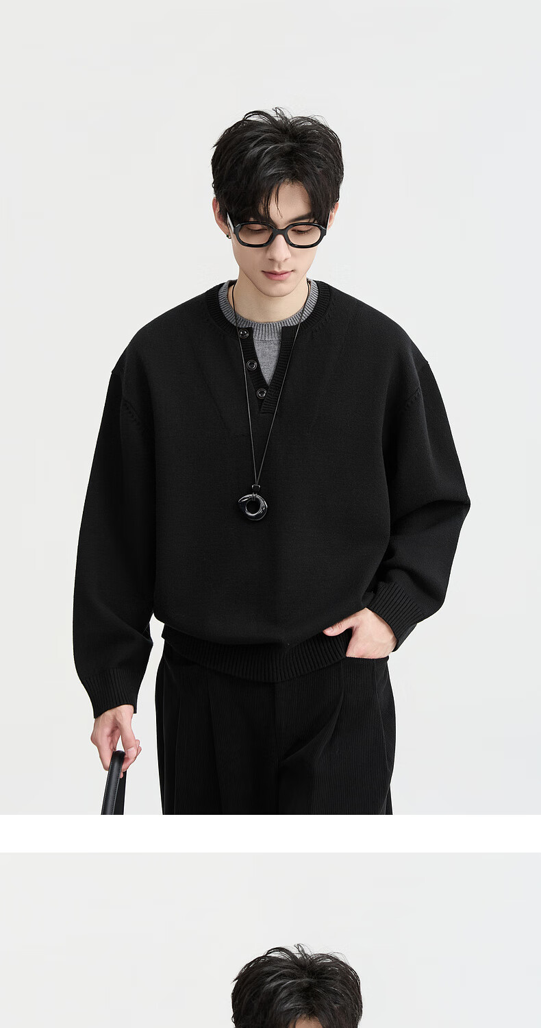Earl Zuoer Wool Blend Two-in-One Henry Collar Autumn 2025 Long Sleeve Knit Base Shirt Men's Colorblock Sweater 22