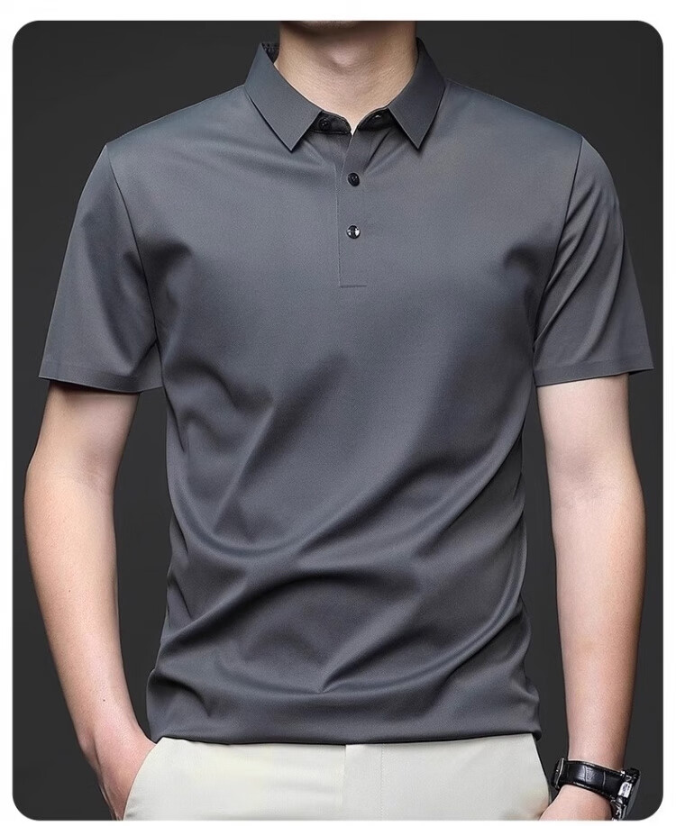 Romon Ice Silk Seamless Short Sleeve T-Shirt Men Summer Thin Business Polo Shirt Black XL 15