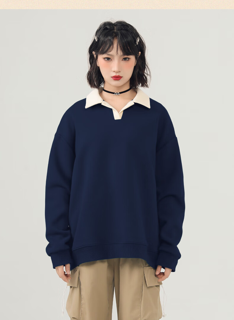 Jeanswest Women's Heather Gray Polo Collar Sweatshirt 2026 New College Style Lazy Chic Top Colorblock Jacket 7