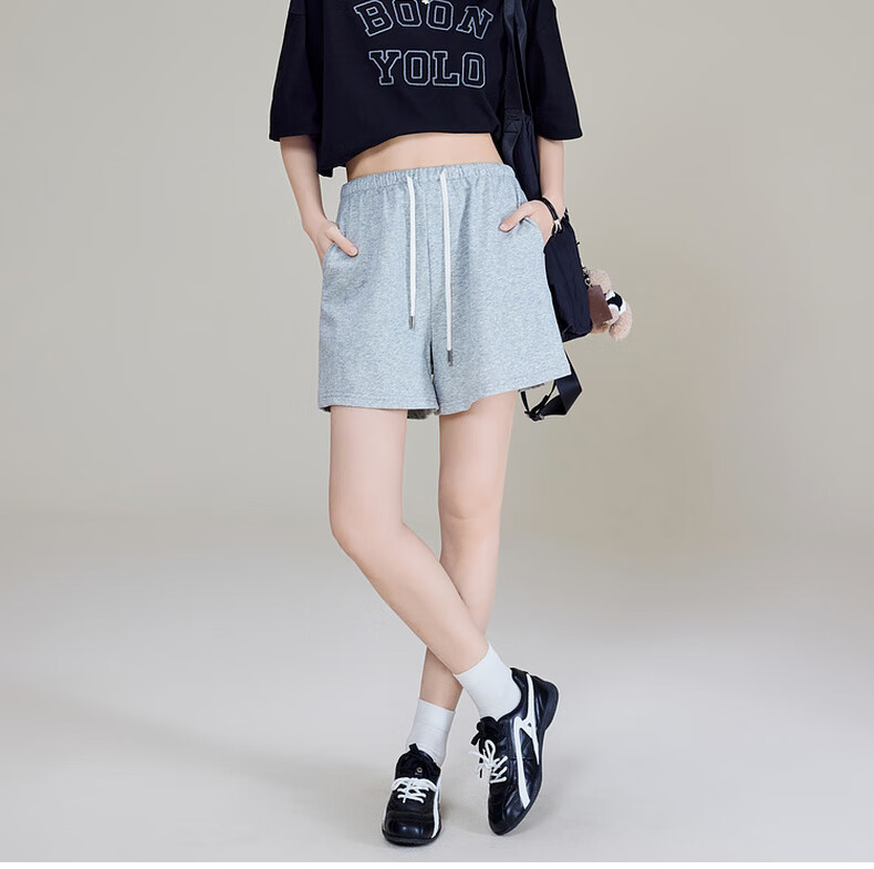 MEIYANG Bailing Shorts, Three-Line Sweatshirt Terry Texture A-Line Casual Pants, Beige, M 15