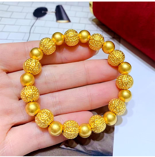 古法金珠手链女款磨砂面黄金珠珠手串男士999足金佛珠