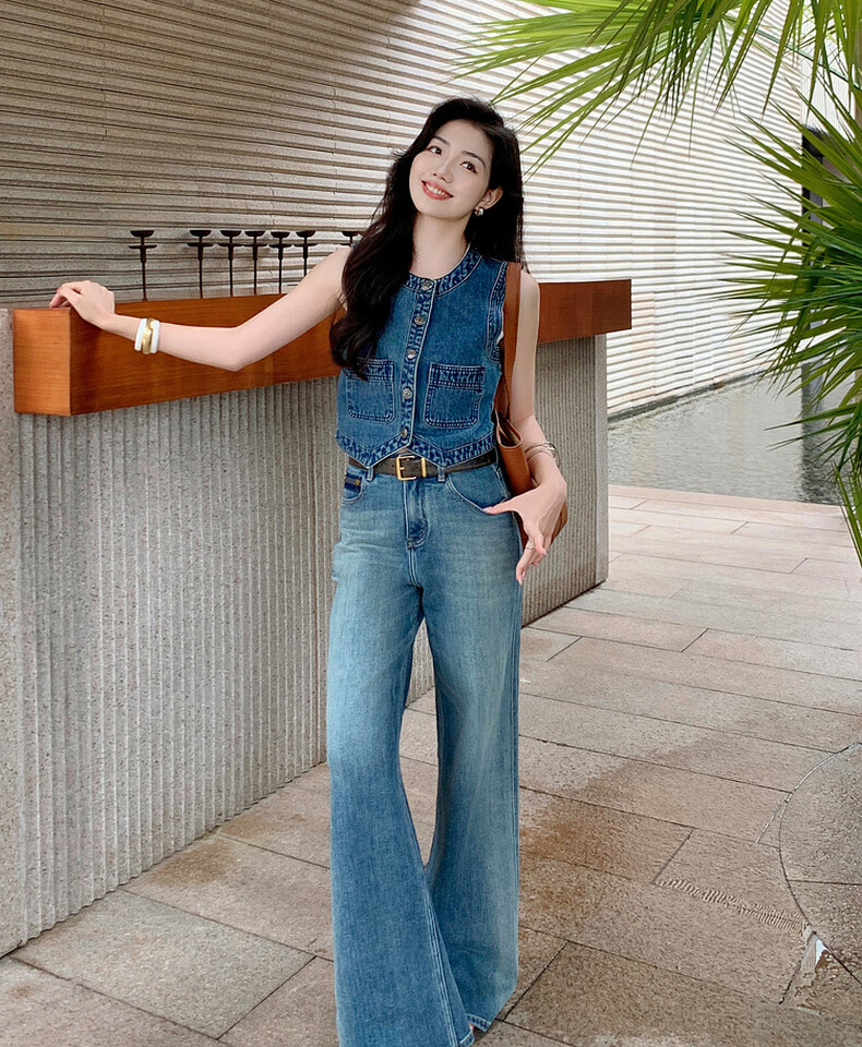 MEIYANG Jelly Denim Jeans Double Core Yarn Elastic Draped Vintage Wide-Leg Pants Blue Regular Fit L 30