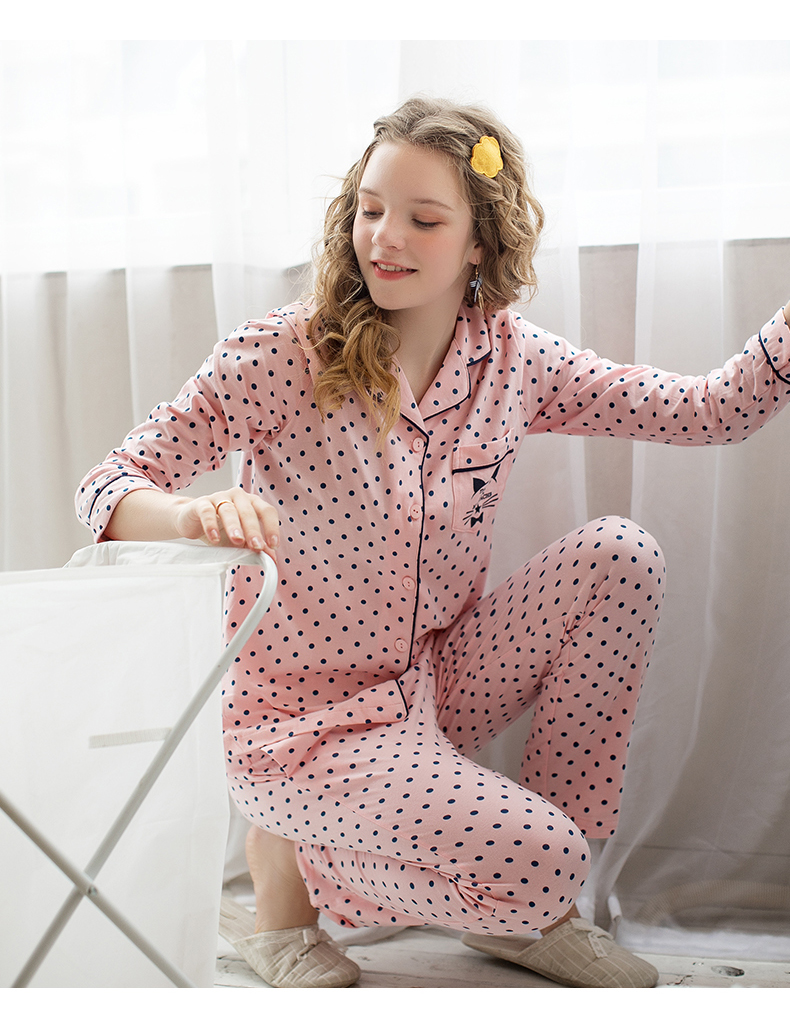 芬腾 内衣睡衣女春长袖纯棉波点休闲开衫家居服套装女9613586 粉色xl