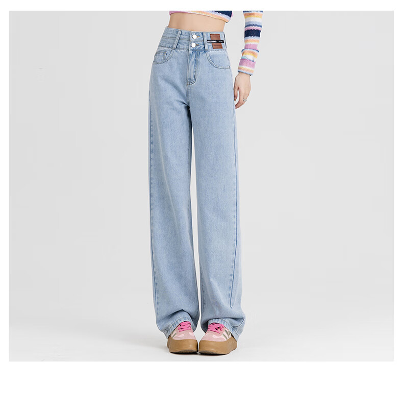 ROMON [American Casual Style] Women's Jeans, Summer High-Waist Versatile Loose Wide-Leg Slimming Straight Pants, Vintage Blue, Size M 15