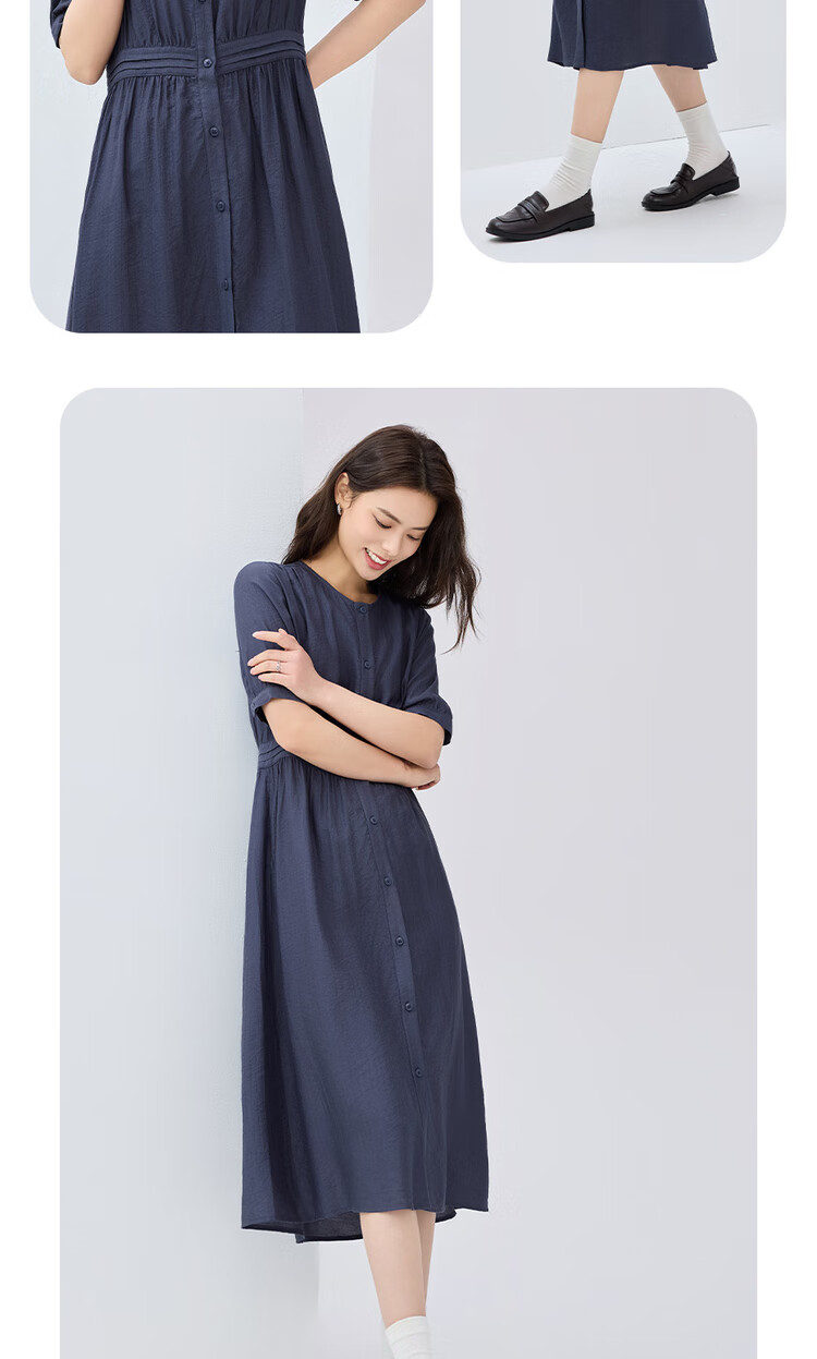 Giordano Women's Summer New Simple Artistic Style Dress with Pleated Trim, Round Neck Short Sleeve Dress 05465078 15