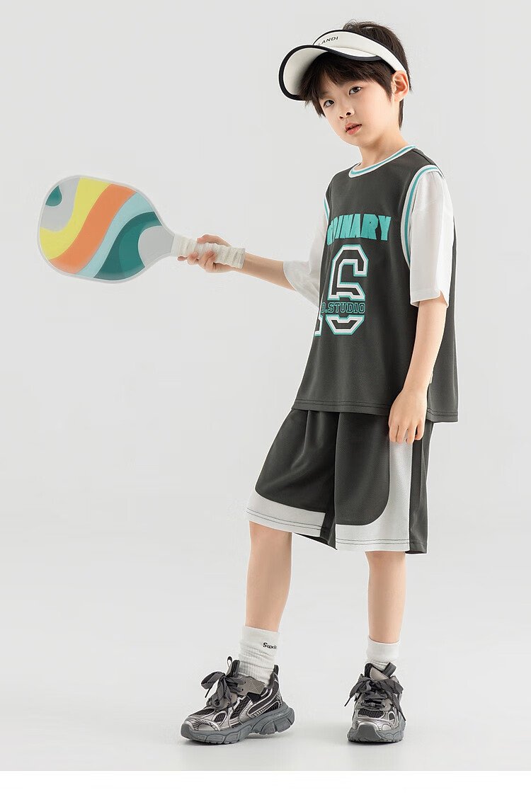 Duoduojia Boys' Sports Mesh Set, Summer Children's Fake Two-Piece Short-Sleeve Pants, Fashionable And Cool Basketball Outfit for Older Kids 17