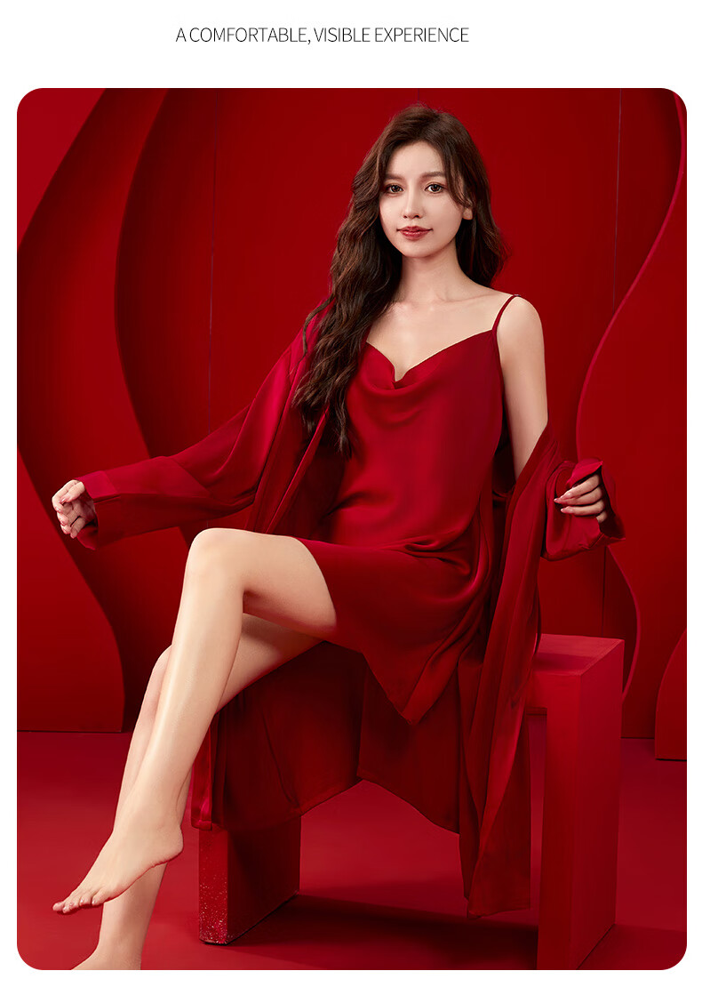 Mrs. Josha French Style Red V-Neck Wedding Nightgown Women's Summer Sexy Pure Desire Camisole Sleepwear Ice Silk Robe Birthday Gift for Girlfriend 16