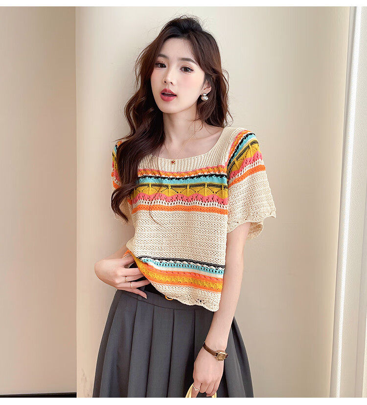 Tangshi 2026 Fashionable Youthful Casual Colorful Striped Women's Short Sleeve Pullover Sweater 7