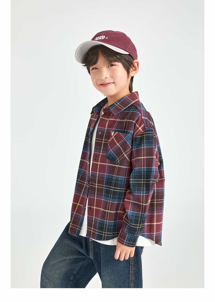 Duoduojia Brushed Soft Fabric Boys' Shirt Spring Autumn Stylish Retro Plaid Jacket for Older Kids 14