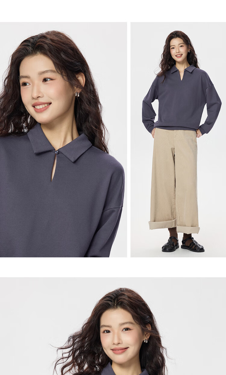 Giordano Women's Autumn Winter Solid Color Simple Lapel V-Neck Reversible Loose Pullover Sweatshirt 05325808 15