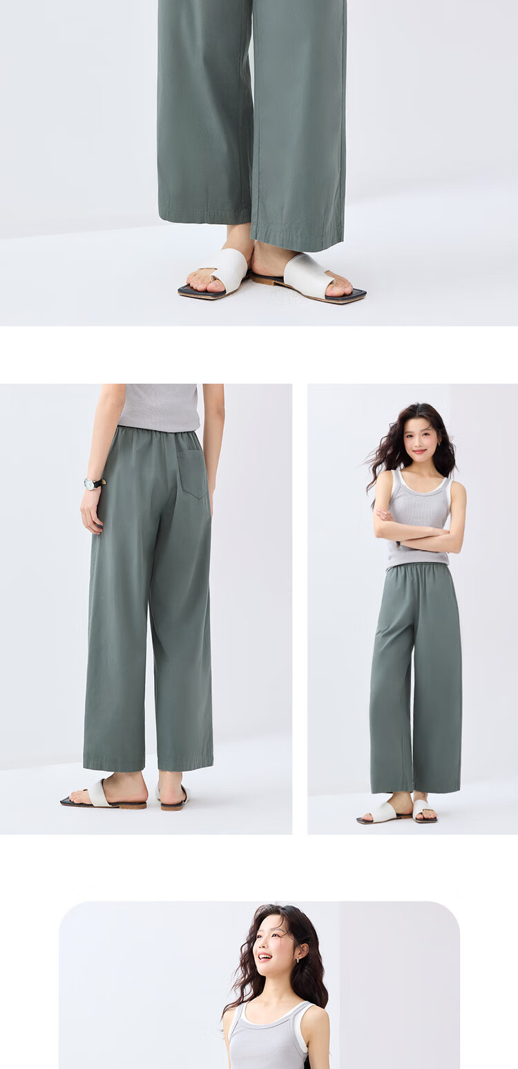 Giordano Women's Pants, Pure Cotton Lightweight Pleated Straight-Leg Trousers, Elastic Waist Casual Capri Pants, Women's 05425065 14