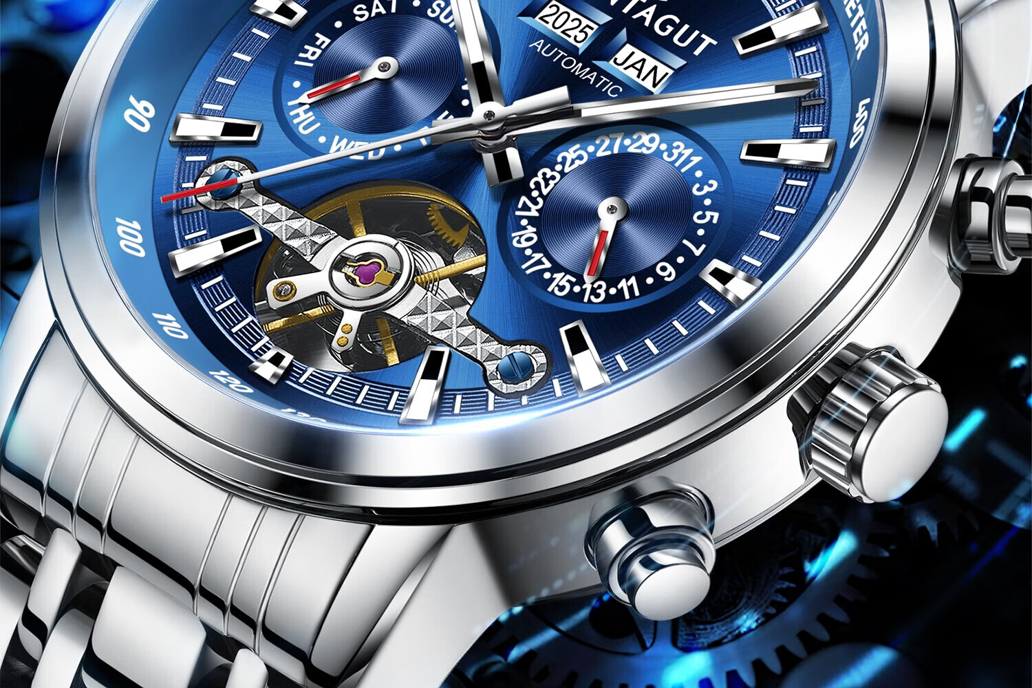 MONTAGUT Men's Skeleton Automatic Mechanical Watch Business Casual Multifunctional Men's Watch Spring Festival Gift 2