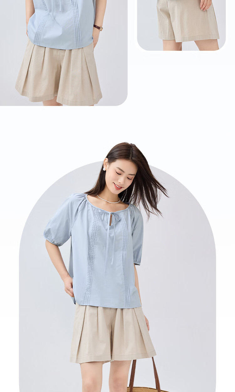 Giordano Women's Short-Sleeve Shirt, Pure Cotton, Brocade, Tie-Up Collar, Pleated, Raglan Sleeve, French Style, Elegant Blouse, 13345305 12