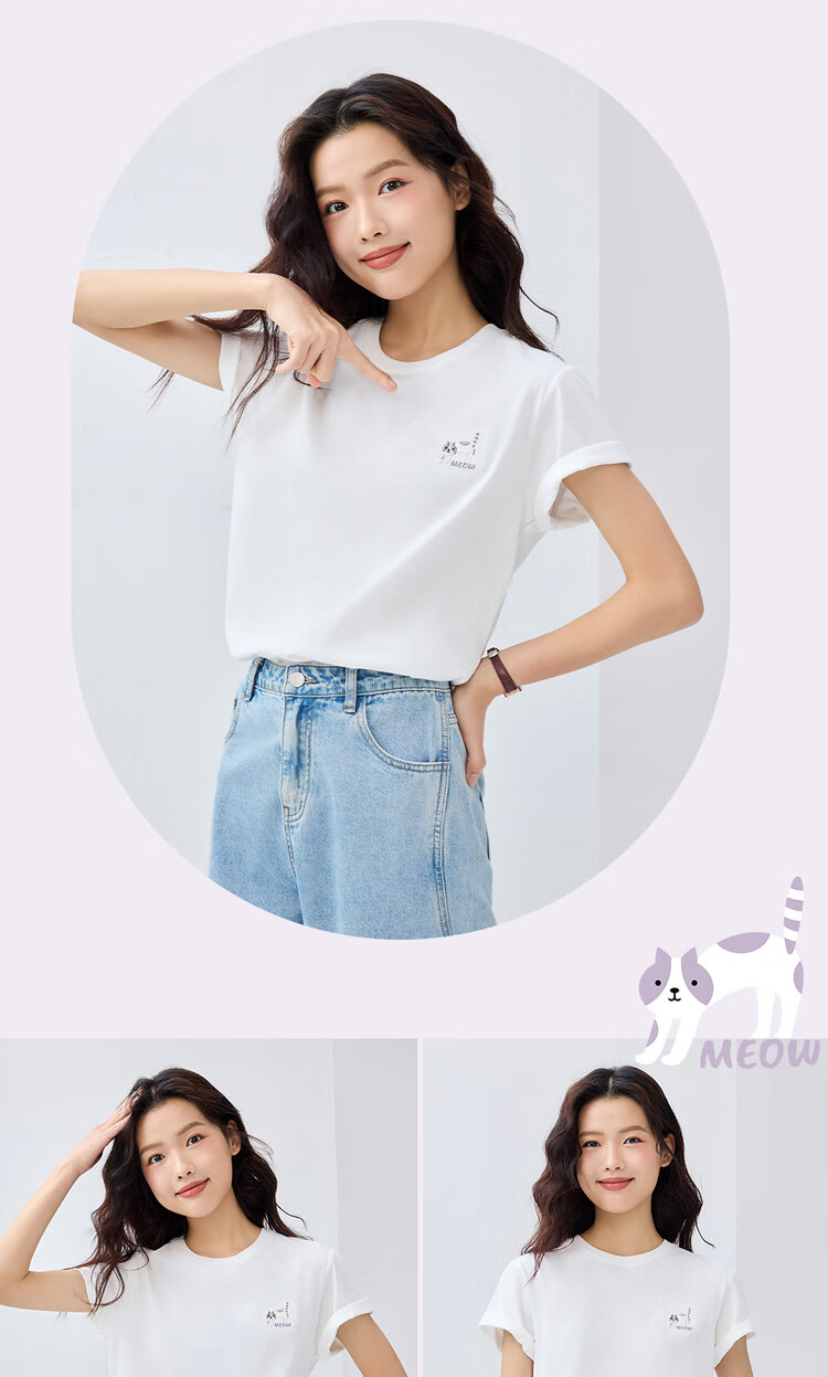 Giordano Women's Short Sleeve T-Shirt, Pure Cotton, Cute Age-Reducing Cat Embroidery, Round Neck Casual Top, 13325327 9