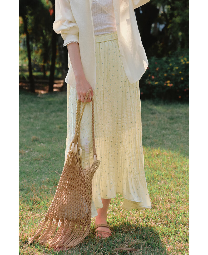 Olrain Yellow Polka Dot Pleated A-Line Skirt Women's Summer High Waist Mid-Length Skirt Yellow S 17