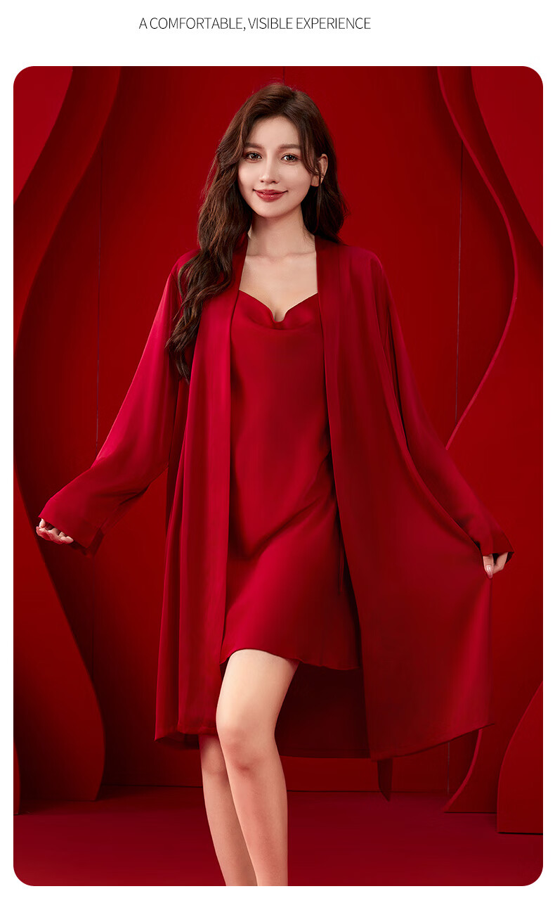 Mrs. Josha French Style Red V-Neck Wedding Nightgown Women's Summer Sexy Pure Desire Camisole Sleepwear Ice Silk Robe Birthday Gift for Girlfriend 17
