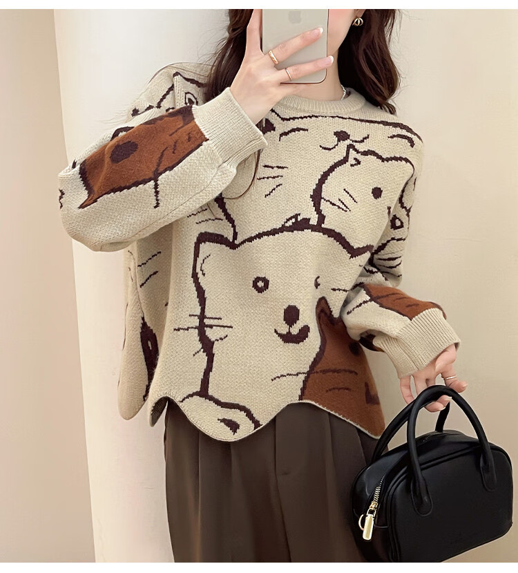 TonLion 2025 Autumn Crew Neck Irregular Hem Cartoon Pattern Pullover Sweater Cute Youthful College Style Korean Version 5