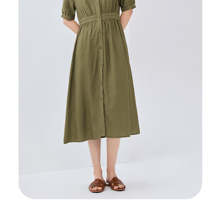Giordano Women's Summer New Simple Artistic Style Dress with Pleated Trim, Round Neck Short Sleeve Dress 05465078 18