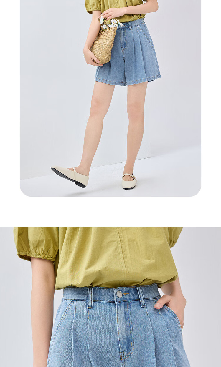 Giordano Women's Denim Shorts with High-Tech Cooling Pleated Fabric, Semi-Elastic Waistband, Lightweight Denim Pants 13405239 12